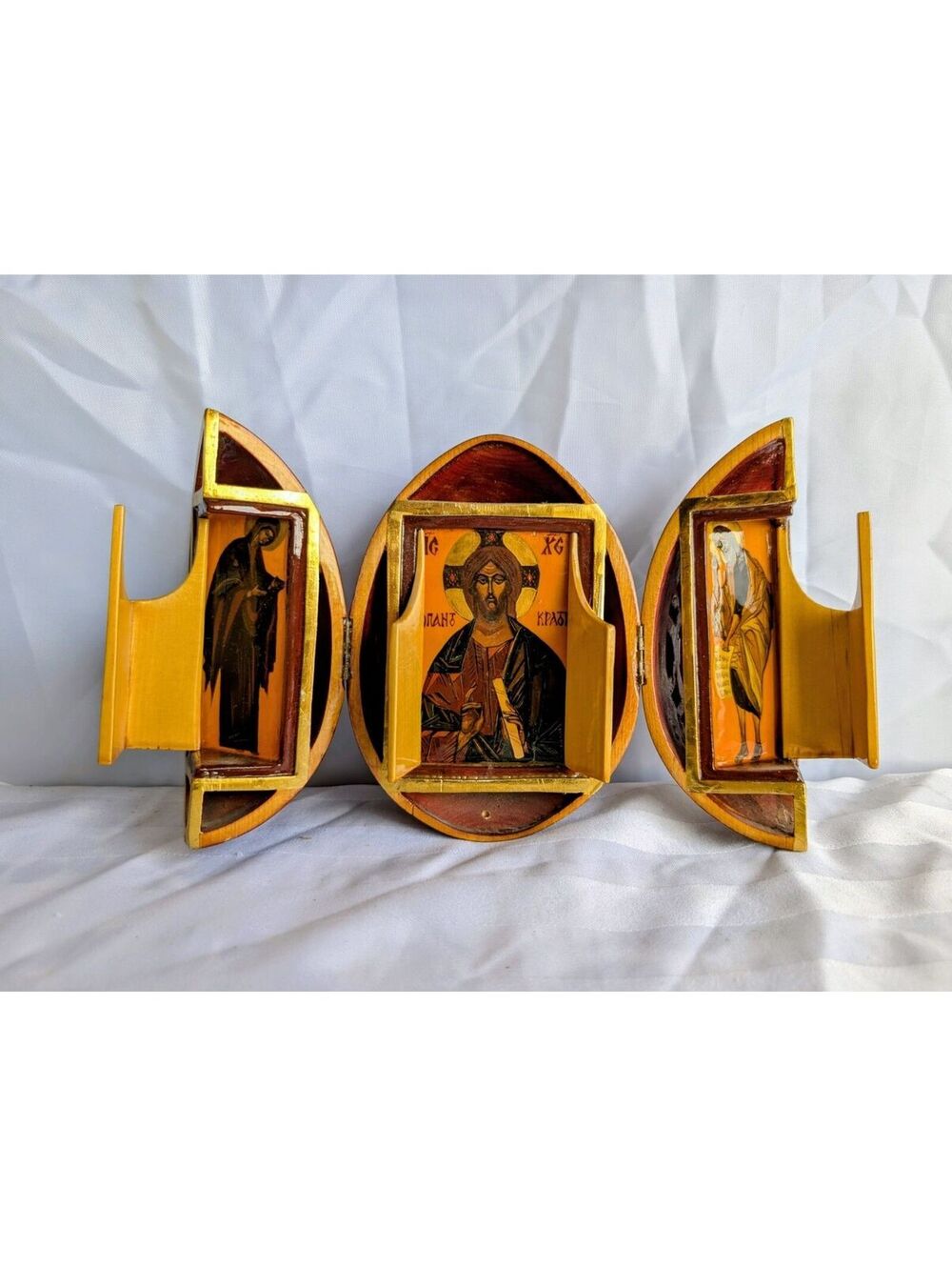 Vintage Eastern Orthodox Hand-Carved Wooden Egg Triptych Icon with Christ